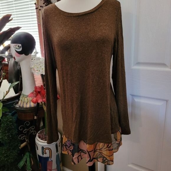 LOGO Lori Goldstein Fall Top Brown Floral Print Chiffon Trim Small - Picture 2 of 8